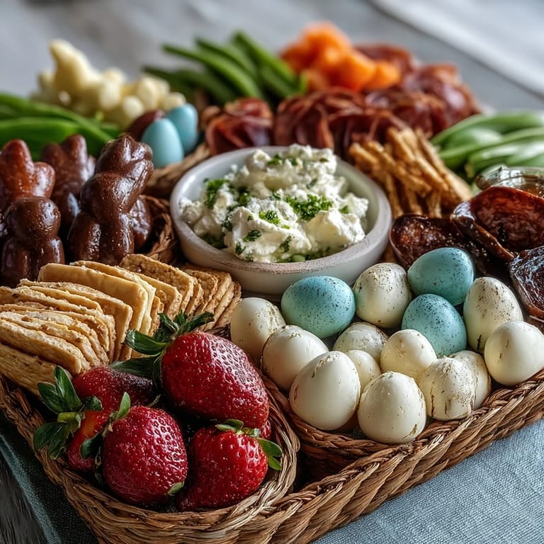 Festive spring charcuterie board featuring mini Easter baskets brimming with fresh cheeses, cured meats, and sweet treats for seasonal gatherings.