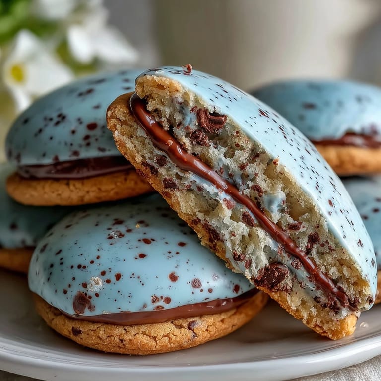Elegant robins egg sugar cookies with royal icing and realistic chocolate speckles, ideal for Easter or spring.