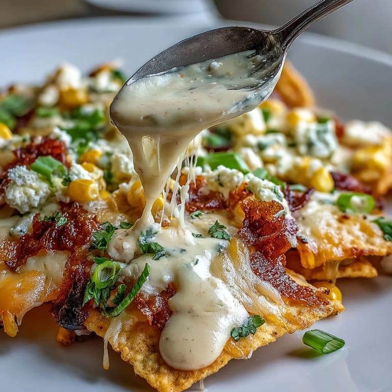 Golden elote nachos generously drizzled with zesty chipotle crema and cilantro.
