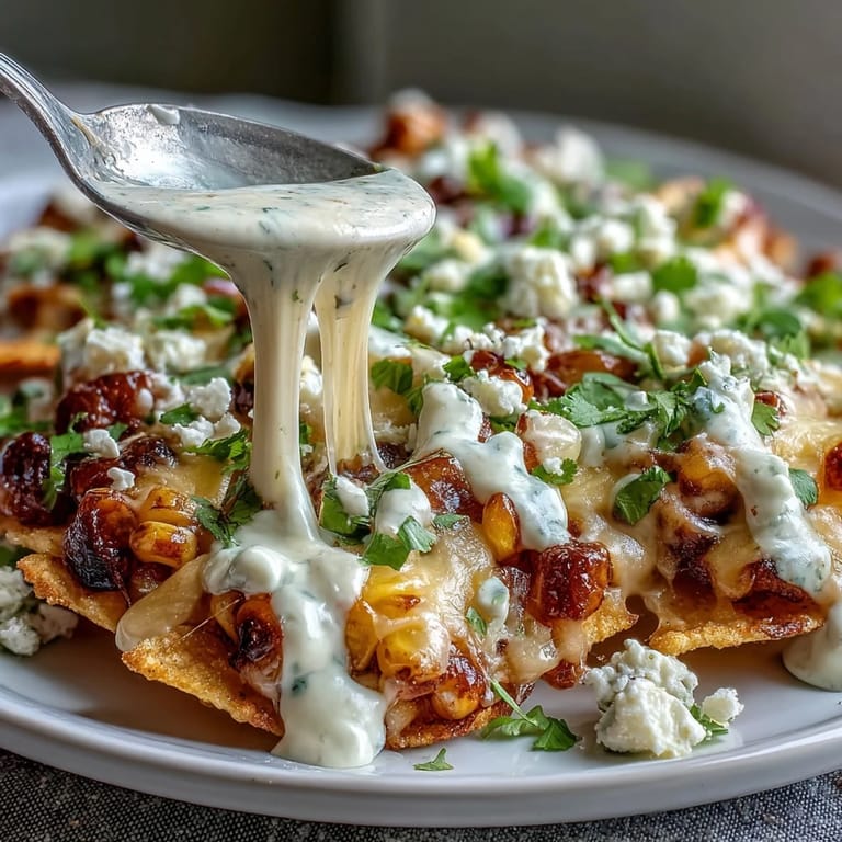 Festive Mexican elote nachos piled high with melted cheese and fresh toppings.