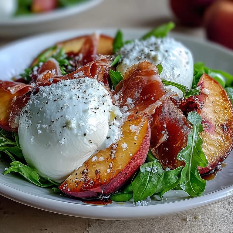 This Burrata and Peach Summer Salad showcases prosciutto, fresh basil, and balsamic glaze.