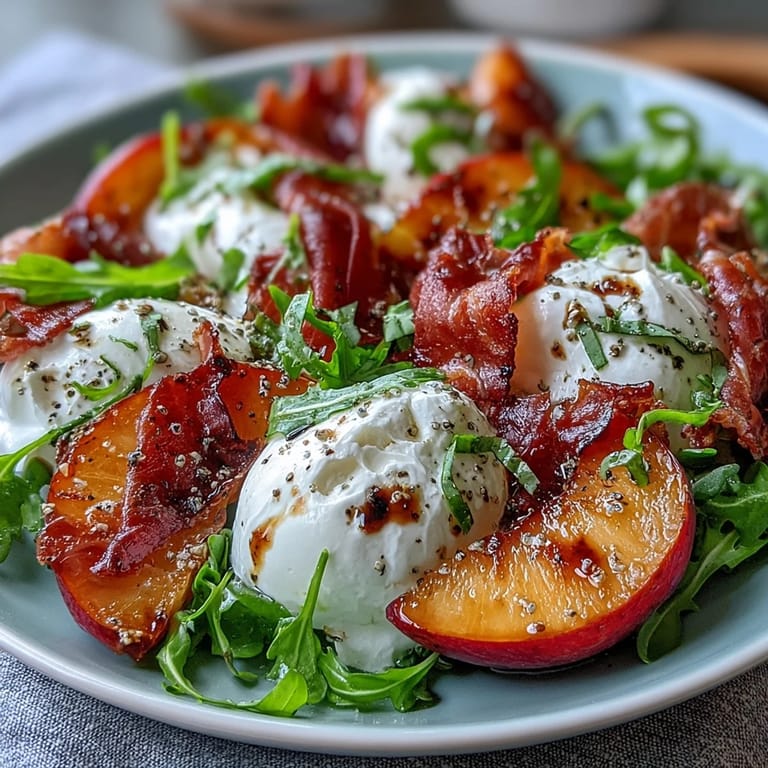 Enjoy a light Bite: Burrata and Peach Summer Salad with ripe fruit and greens.