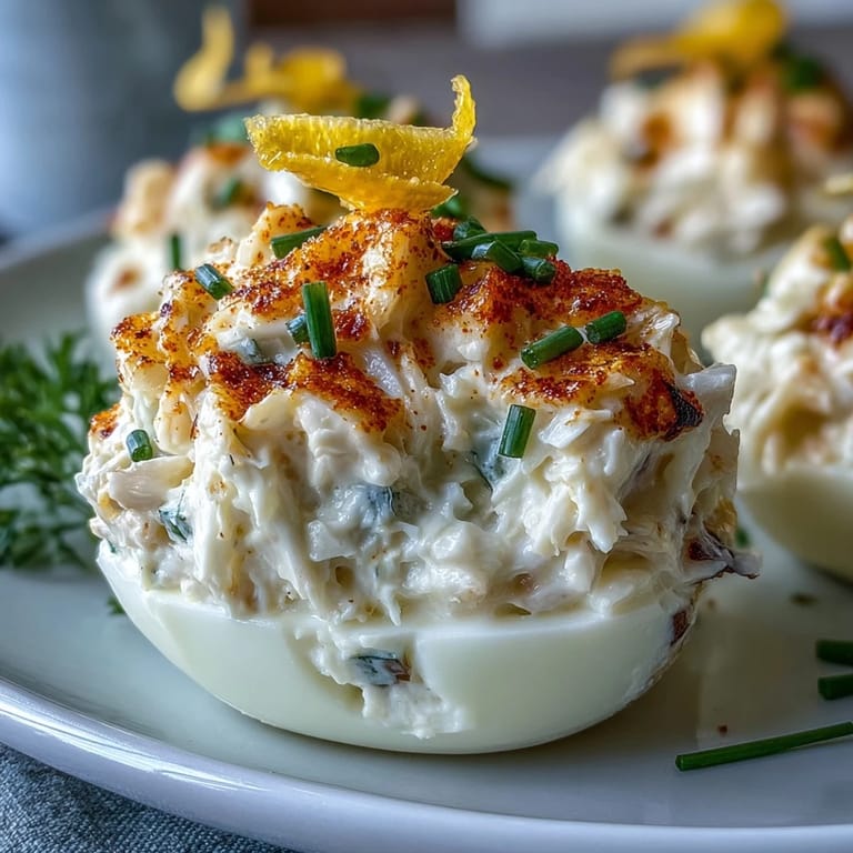 Creamy Crab Cake Deviled Eggs dusted with Old Bay, perfect party bites.