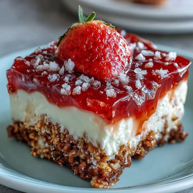 Juicy strawberry pretzel salad dessert glistening with sweet, salty, and creamy goodness.
