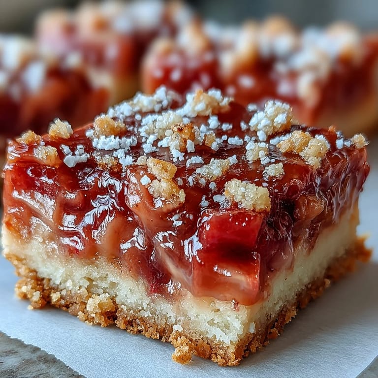 Close-up of Rhubarb Custard Bars, showcasing creamy filling and crumbly crust texture.