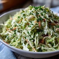 A vibrant bowl of Green Cabbage and Apple Slaw with crisp shredded cabbage, julienned apple, and grated carrots, tossed in a creamy apple cider vinegar dressing and garnished with fresh parsley.