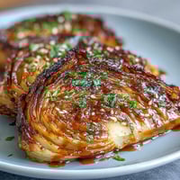 Golden roasted cabbage steaks with tahini drizzle, topped with parsley and sesame seeds on a platter.