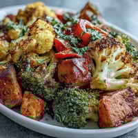 A close-up view of Anti-Inflammatory Turmeric Roasted Vegetables featuring golden cauliflower, broccoli florets, and sweet potatoes on a baking sheet, lightly crisped at the edges.  