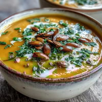 A bowl of creamy Acorn Squash Soup garnished with toasted pumpkin seeds and fresh chives.