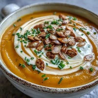 Creamy pumpkin soup with toasted seeds and herbs in a rustic bowl, served hot.