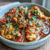 Creamy Easy Chicken Curry simmering in a skillet with tender pieces of chicken and a golden, aromatic sauce.