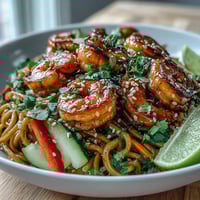 Quick and vibrant 15-Minute Asian Noodle Bowl With Grilled Shrimp garnished with fresh cilantro and lime wedges.