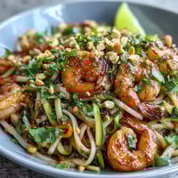 Freshly prepared Asian Noodle Bowl with sautéed shrimp, julienned carrots, and zucchini in a savory sauce.