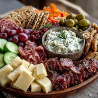 A beautifully arranged charcuterie board with cured meats, cheeses, and dips for a housewarming party.