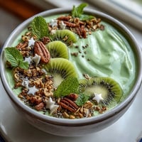 A festive green shamrock protein smoothie bowl with kiwi slices arranged in a clover design, topped with granola and chia seeds.