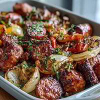Sheet Pan Sausage and Peppers: juicy sausages roasted with sweet bell peppers and onions, perfect for a quick weeknight dinner.