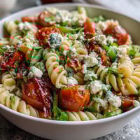 A vibrant lemon vinaigrette pasta salad with crisp cucumbers and juicy cherry tomatoes, perfect for summer picnics or light lunches.