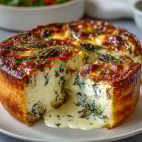 A slice of Easy Mother's Day Brunch Quiche with Asparagus and Brie, golden and cheesy with tender green asparagus tips.