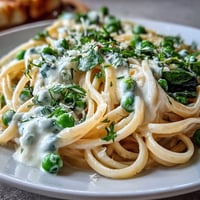 Creamy spring pasta with peas and lemon sauce, topped with Parmesan and fresh chives in a white bowl.