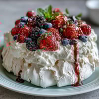 Pavlova with fresh berries and cream, crisp meringue shell topped with luscious whipped cream and vibrant mixed berries.