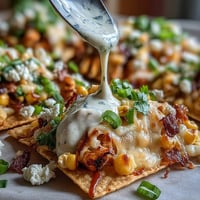 Vibrant Cinco de Mayo Elote Nachos topped with smoky chipotle crema.